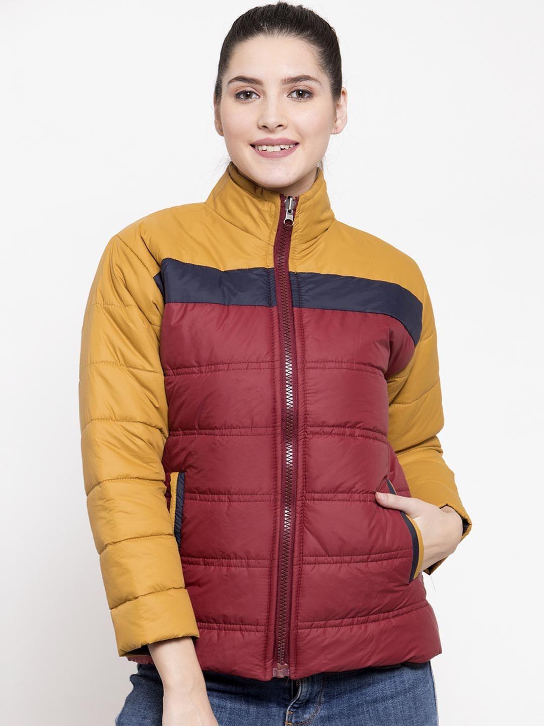 voxati women maroon colourblocked padded jacket