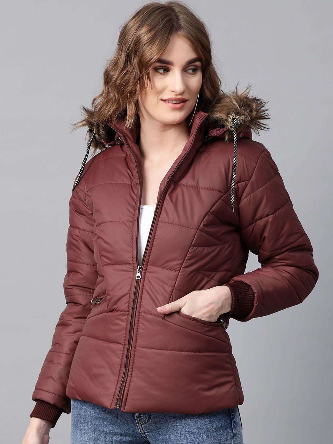 voxati women maroon solid hooded parka jacket