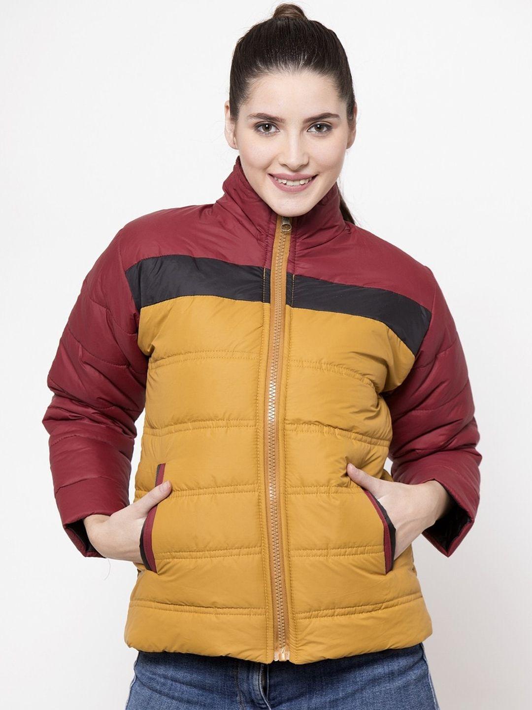 voxati women mustard yellow & maroon striped padded jacket