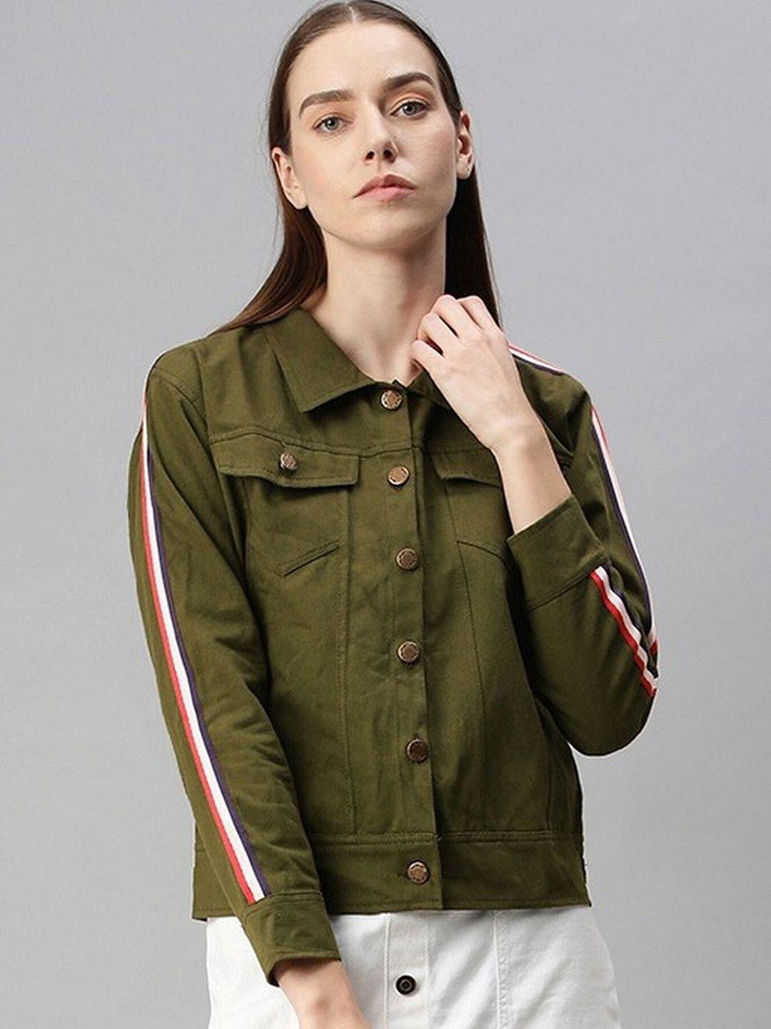 voxati women olive green crop denim jacket