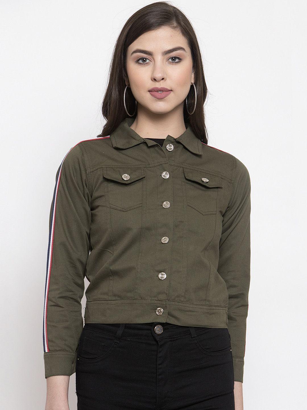 voxati women olive green solid denim jacket