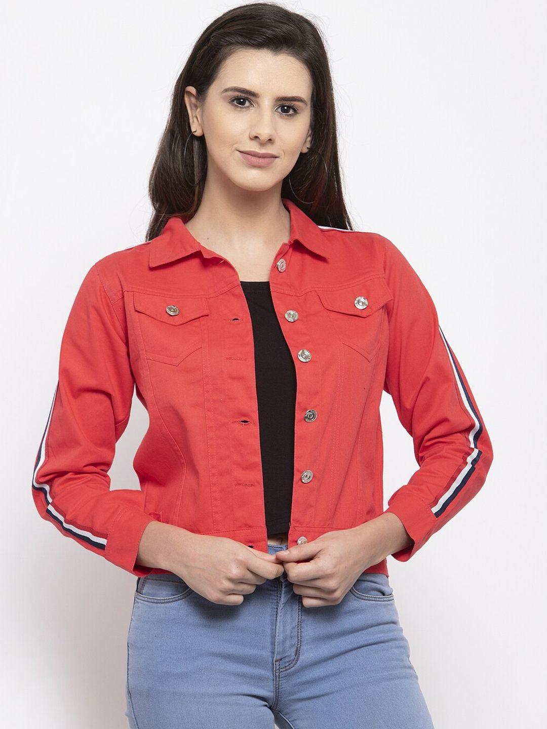 voxati women red crop denim jacket