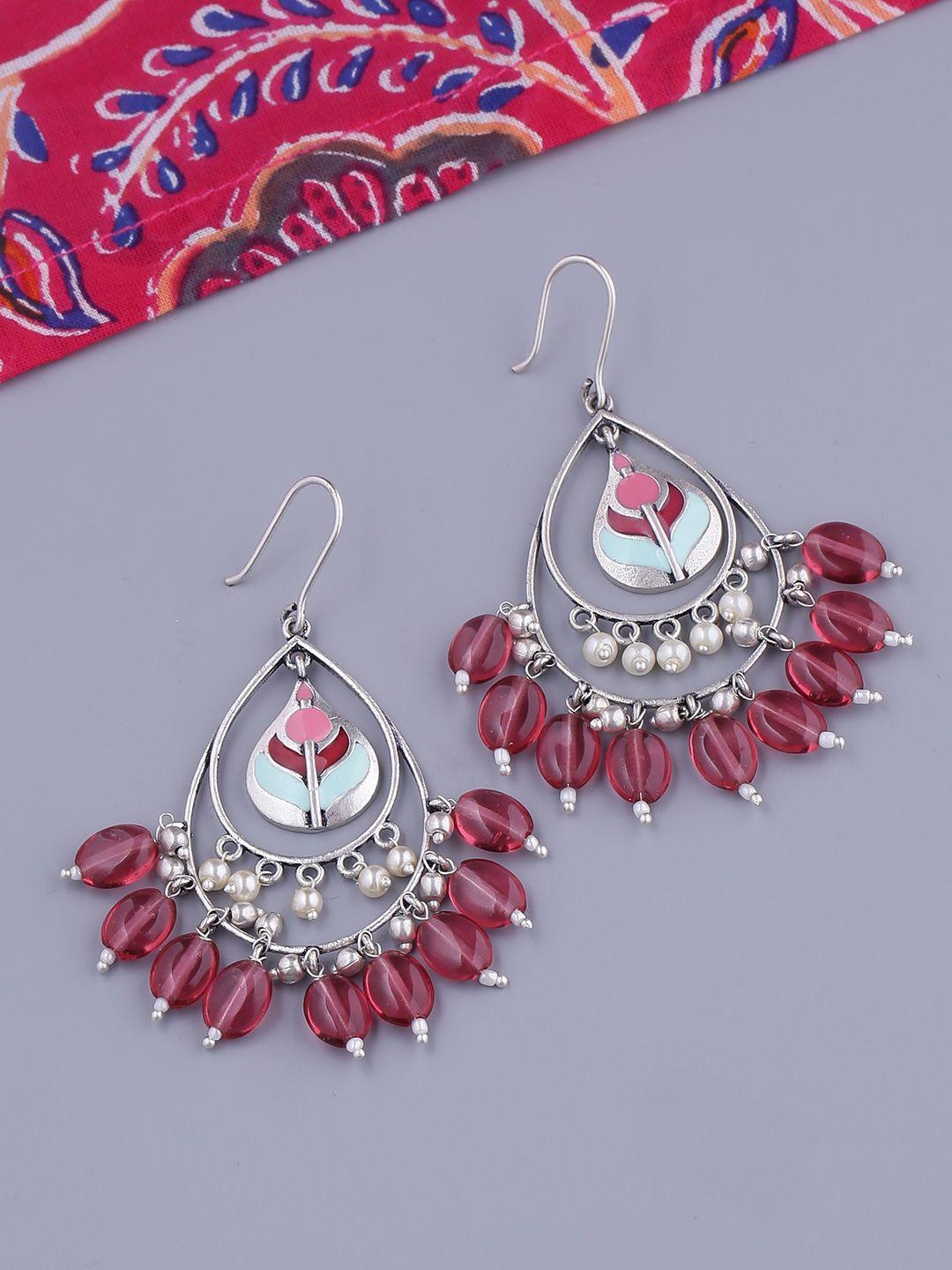 voylla maroon & silver-plated enamelled teardrop shaped drop earrings