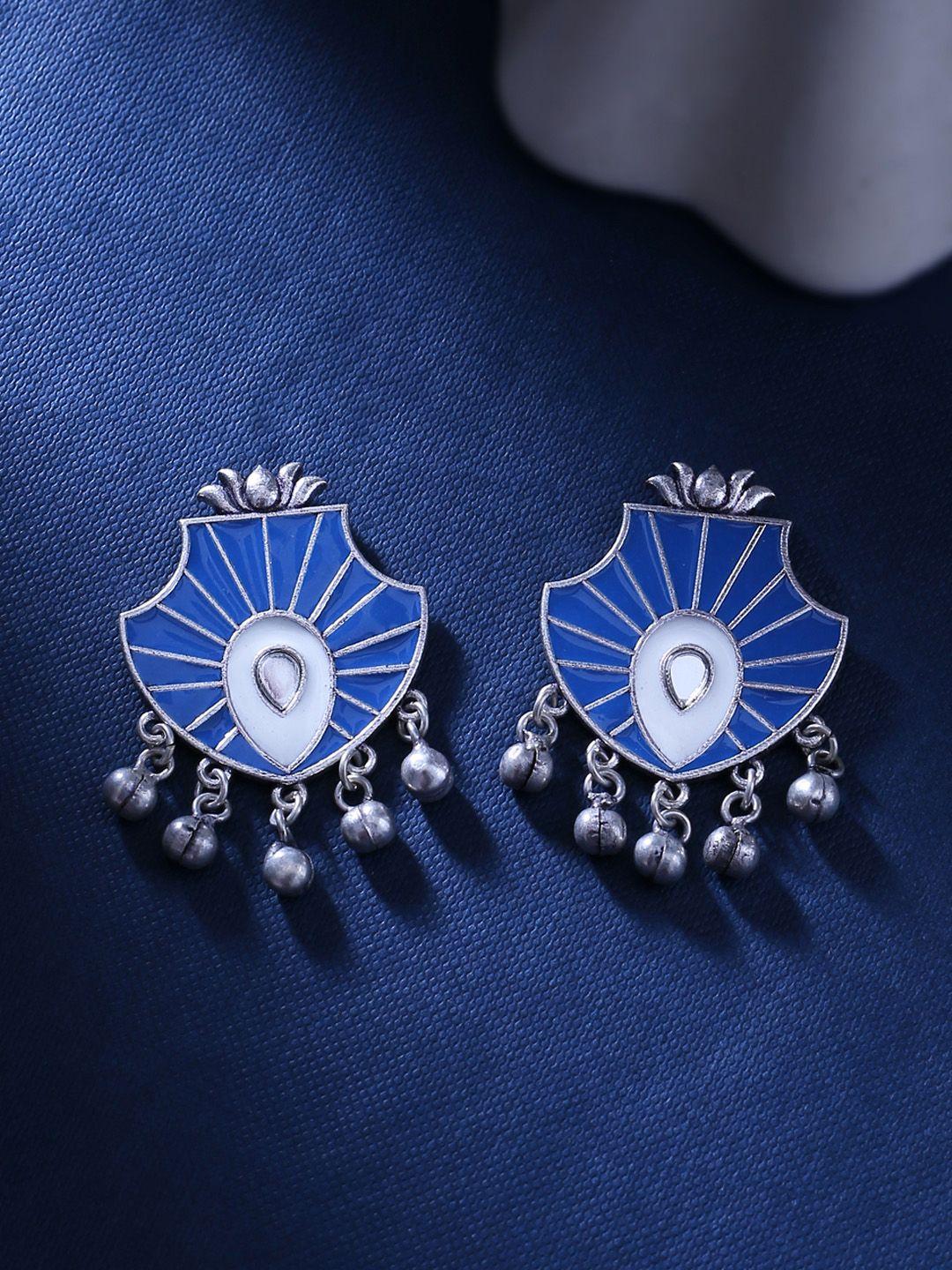 voylla silver-toned & blue contemporary drop earrings