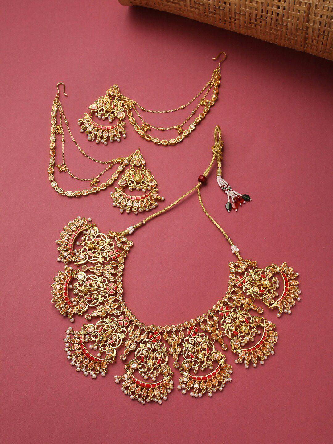 voylla women red gold-plated apsara bridal enamelled jewellery set