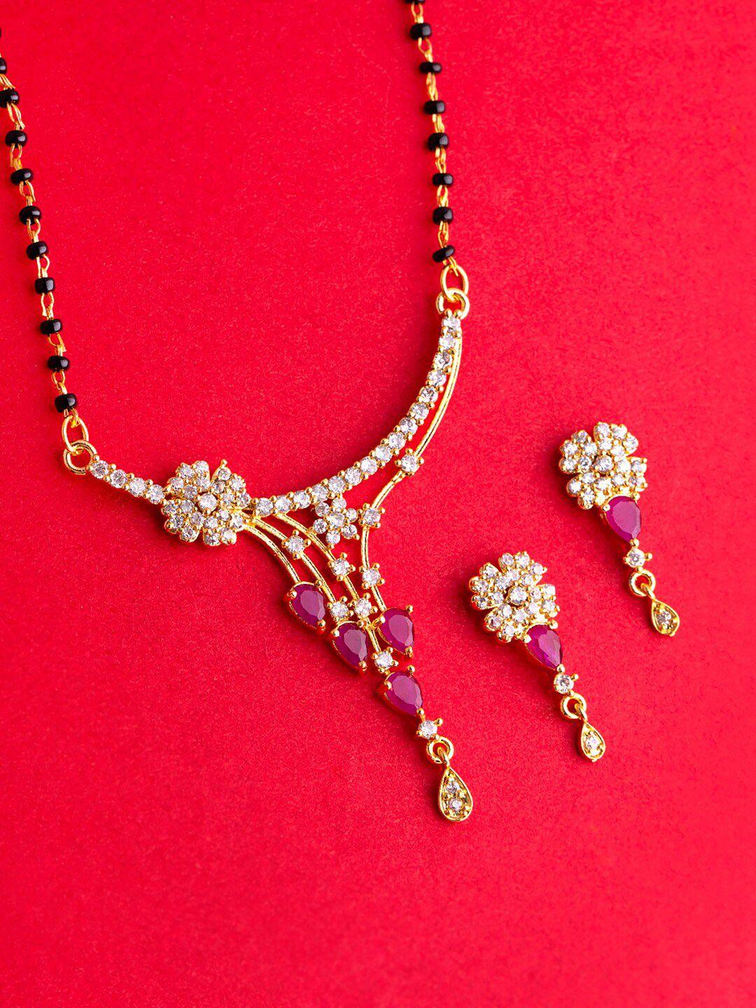 voylla gold-plated & black beaded cz studded mangalsutra with earrings