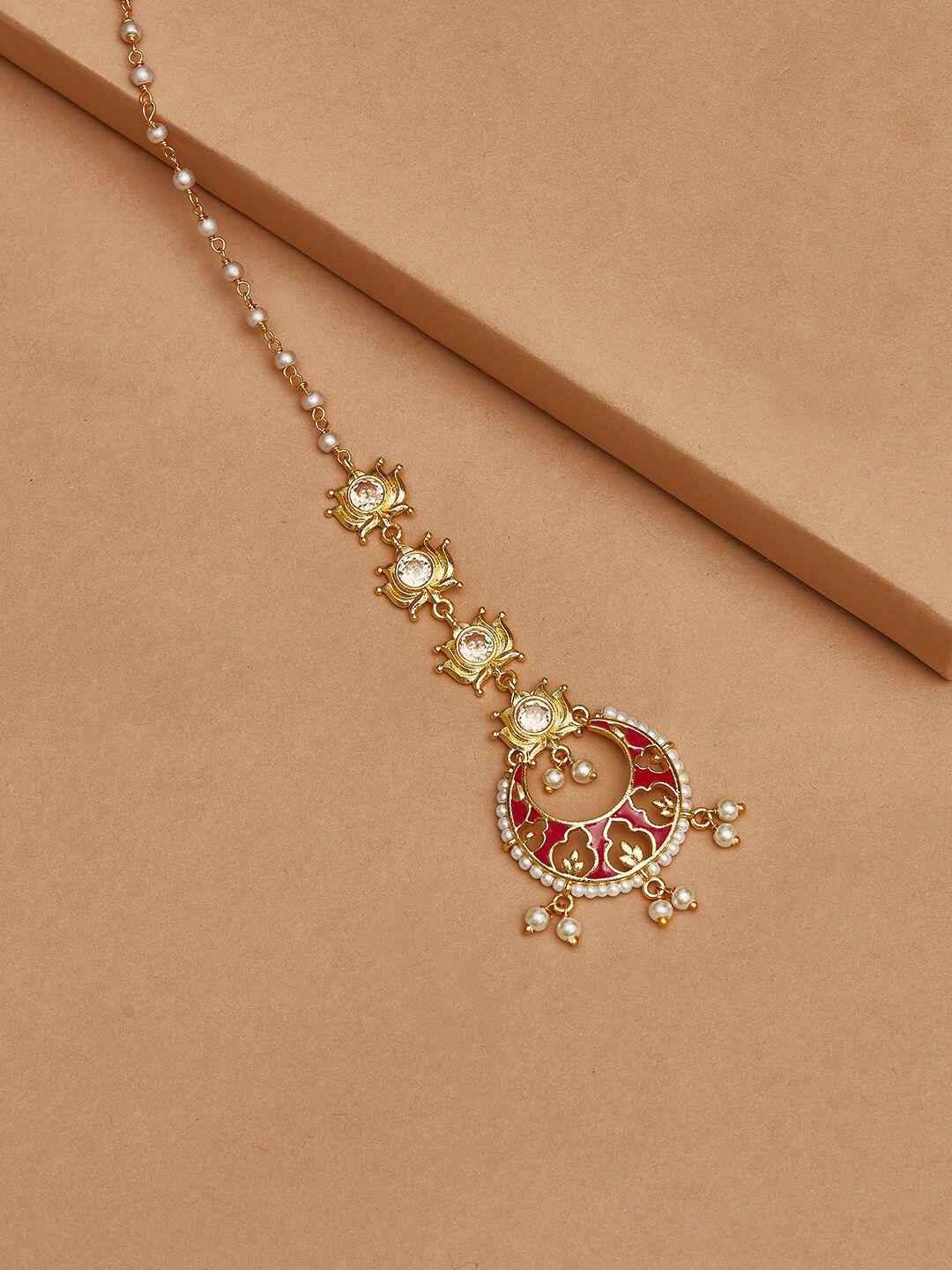 voylla gold-plated faux pearls embellished maang tika head jewellery