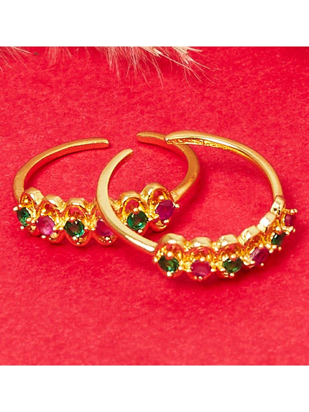 voylla gold-plated red & green stone-studded toe rings