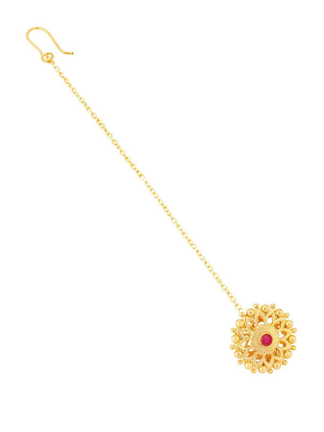 voylla gold-plated red stone studded floral motif maang tika