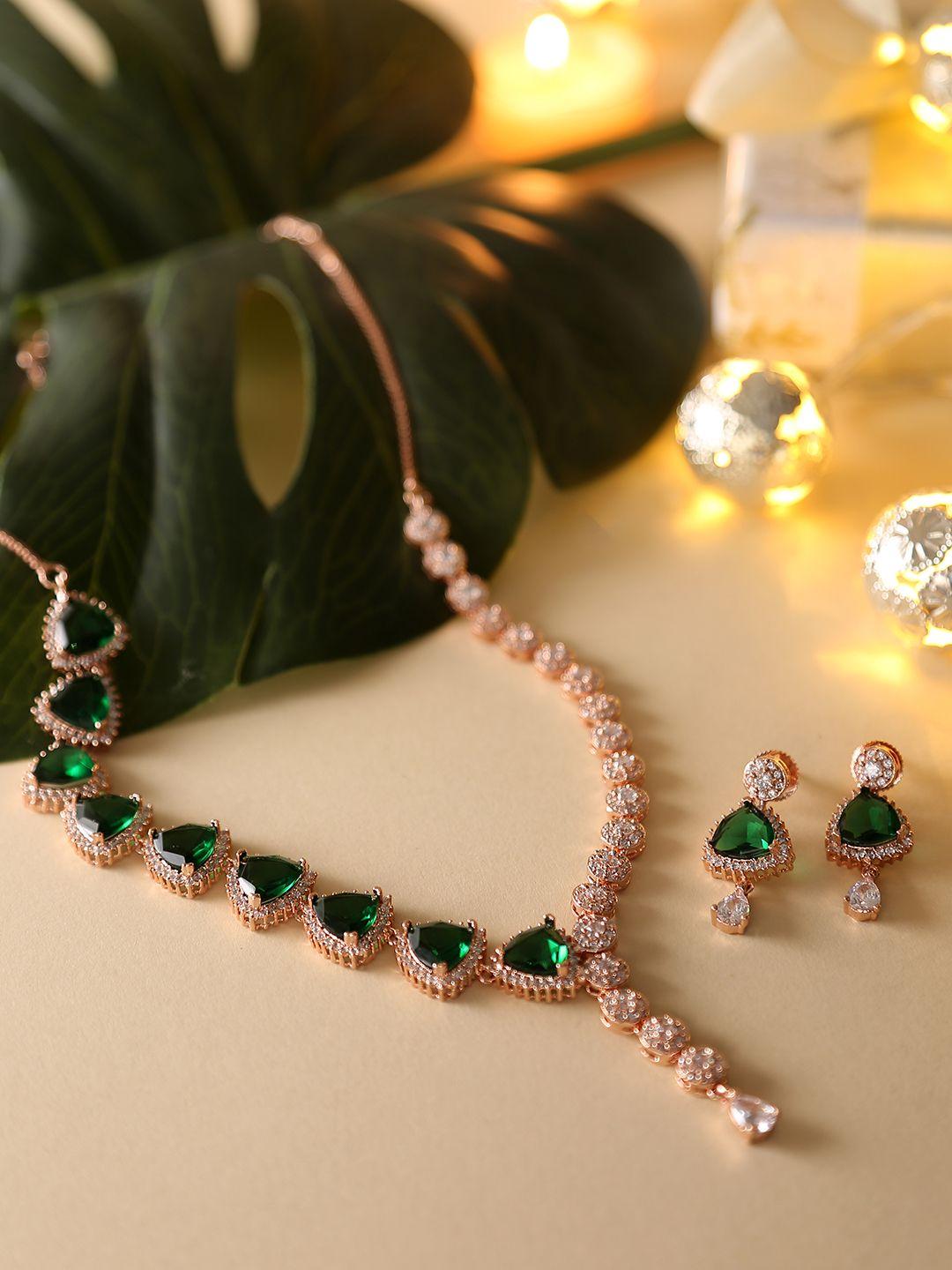 voylla green rose gold-plated american diamond cz pearl jewellery set