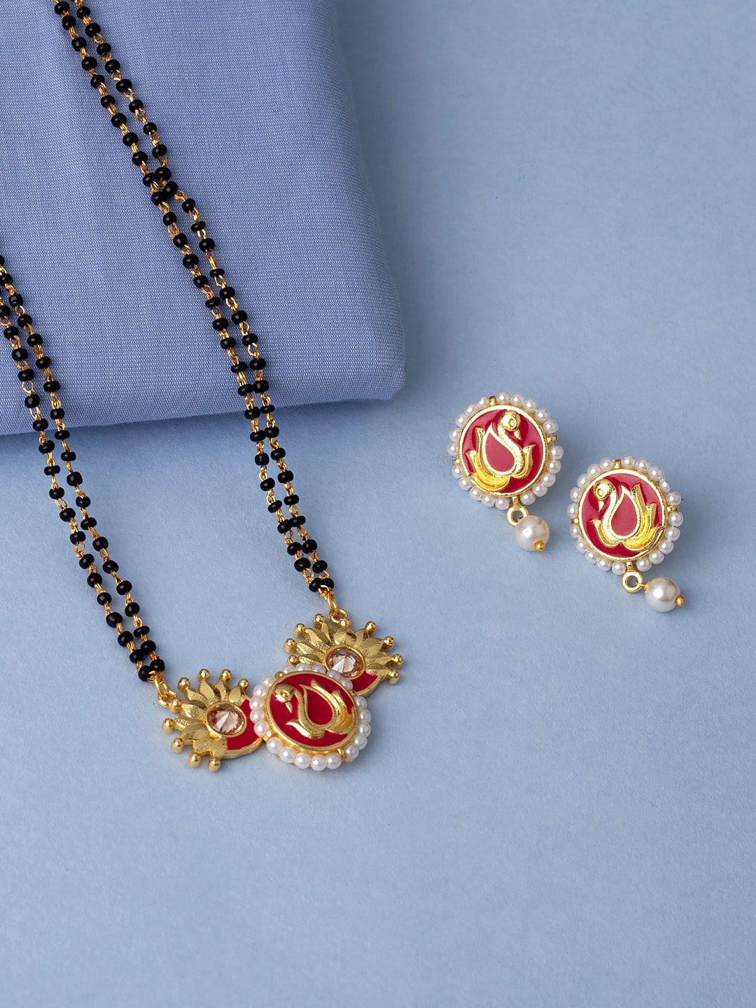 voylla maroon & black gold-plated stone studded & beaded mangalsutra with earrings