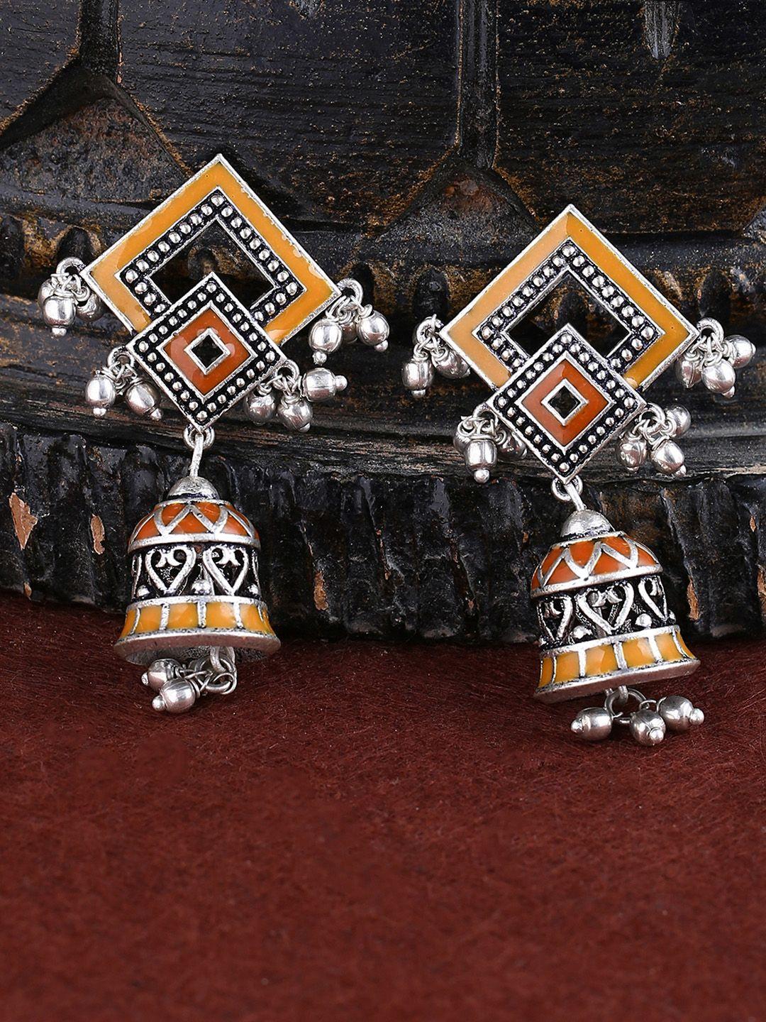 voylla oxidised silver-plated & orange diamond shaped jhumkas