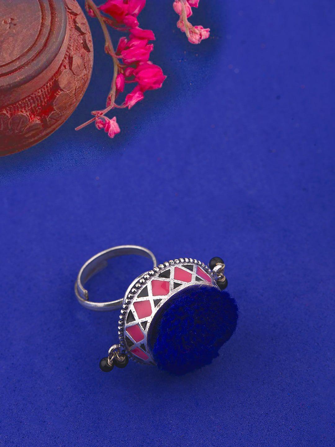 voylla oxidised silver-plated blue & pink enamelled adjustable finger ring