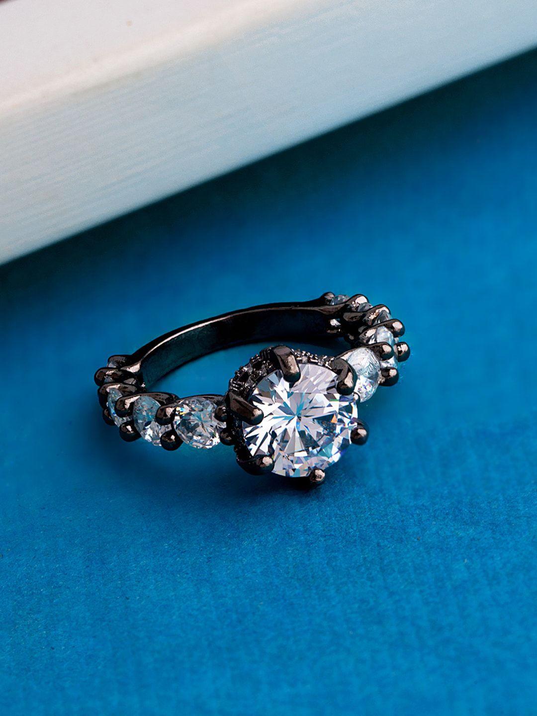 voylla rhodium-plated black & white cz-studded finger ring