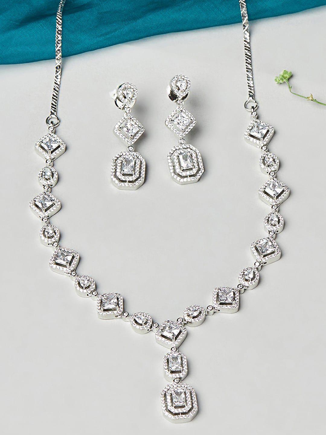 voylla rhodium plated white cz-studded jewellery set