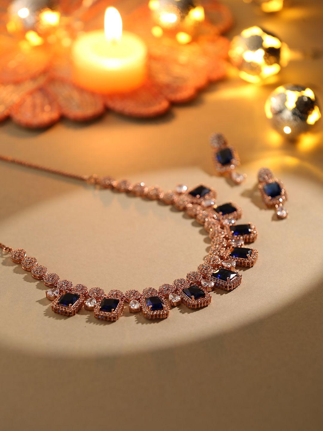 voylla rose gold-plated american diamond cz rose necklace set