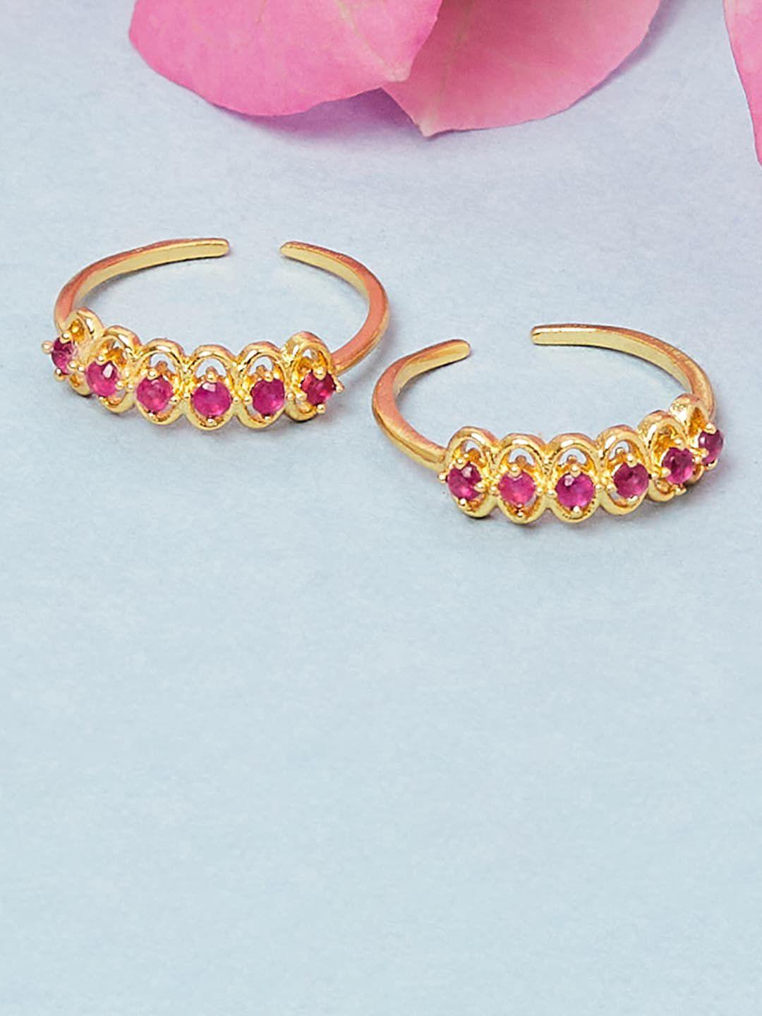 voylla set of 2 gold-plated pink stone-studded toe rings