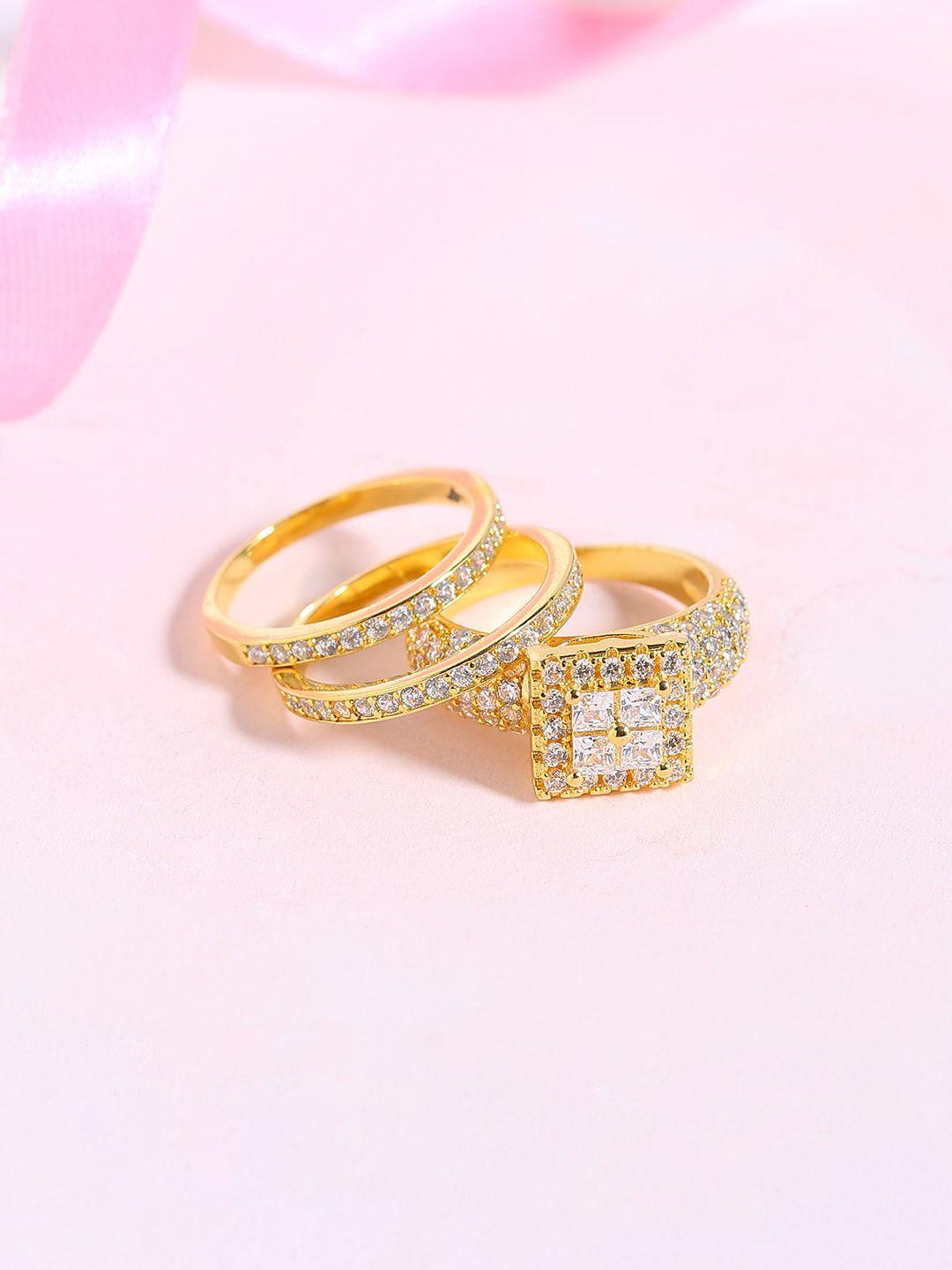 voylla set of 3 gold-plated cubic zirconia studded handcrafted finger rings