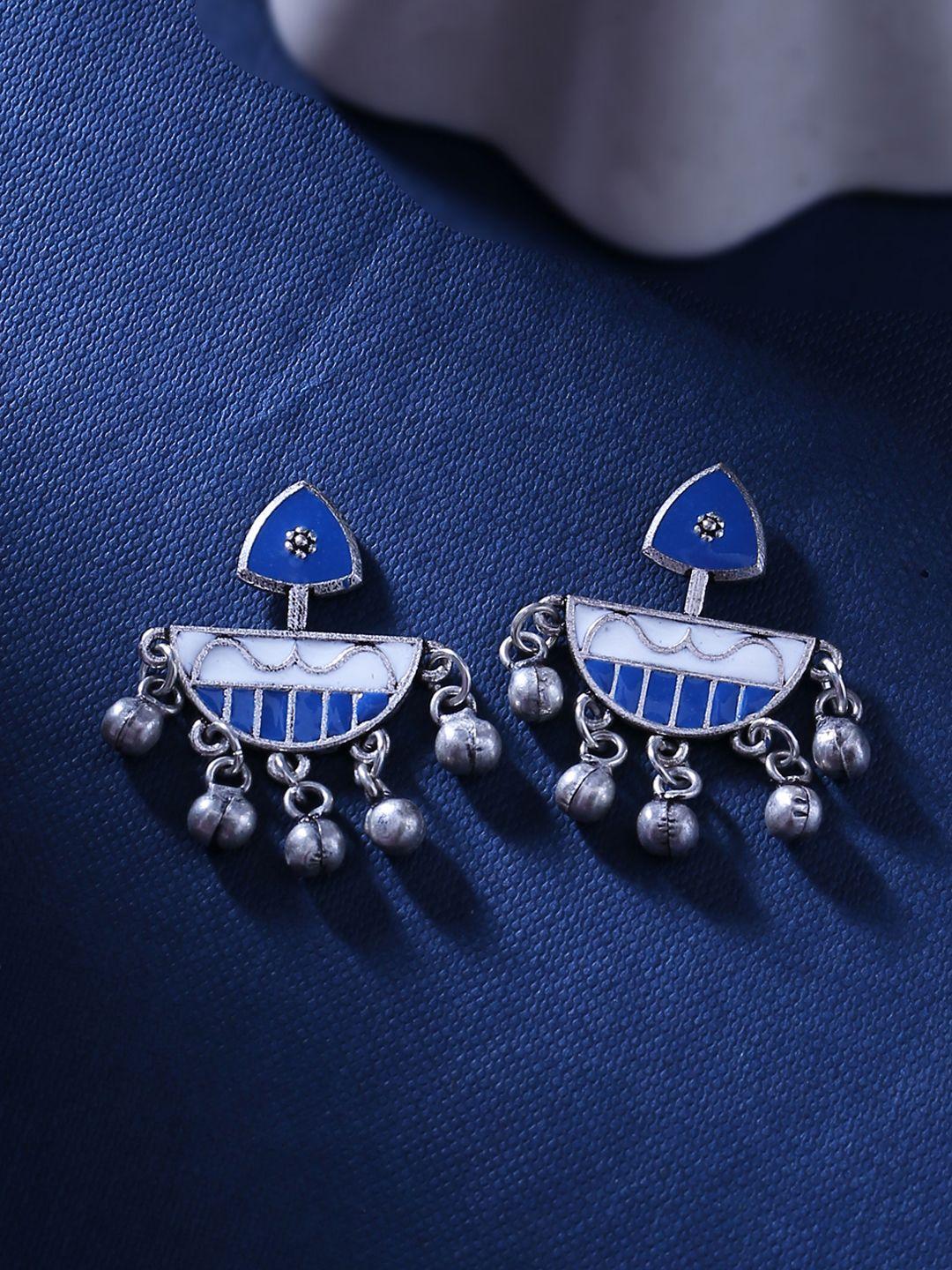 voylla silver-plated & blue contemporary oxidised drop earrings