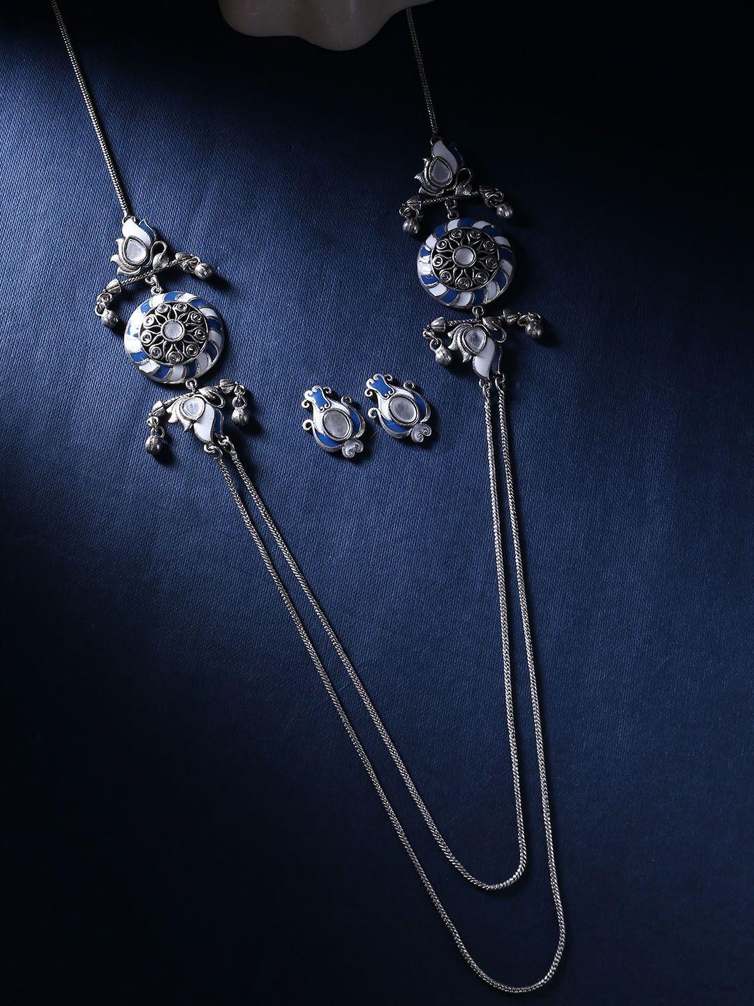 voylla silver-plated & blue cubic -zirconia studded oxidised jewellery set