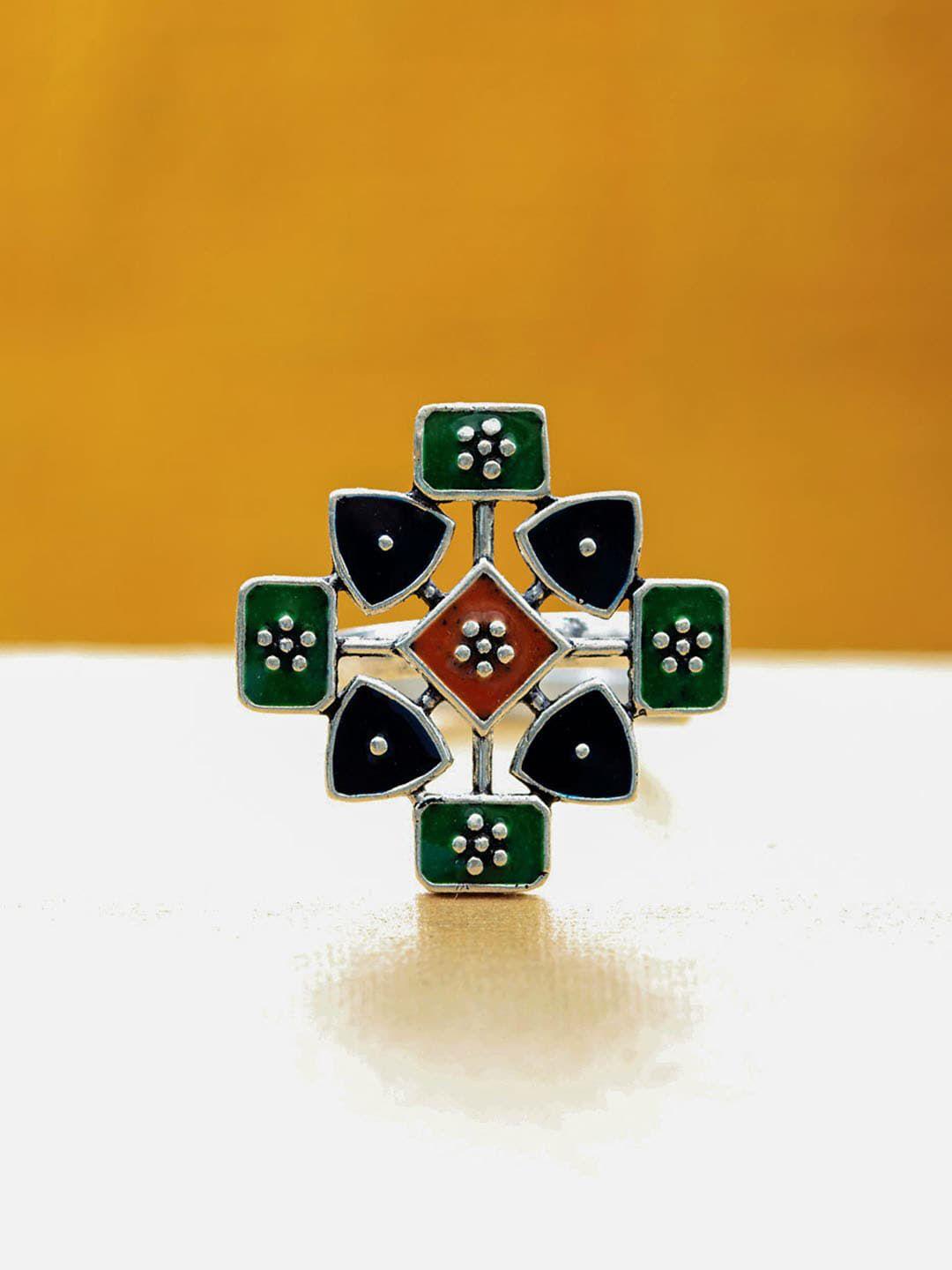 voylla silver-plated green & red kesar rangoli design inspired ring