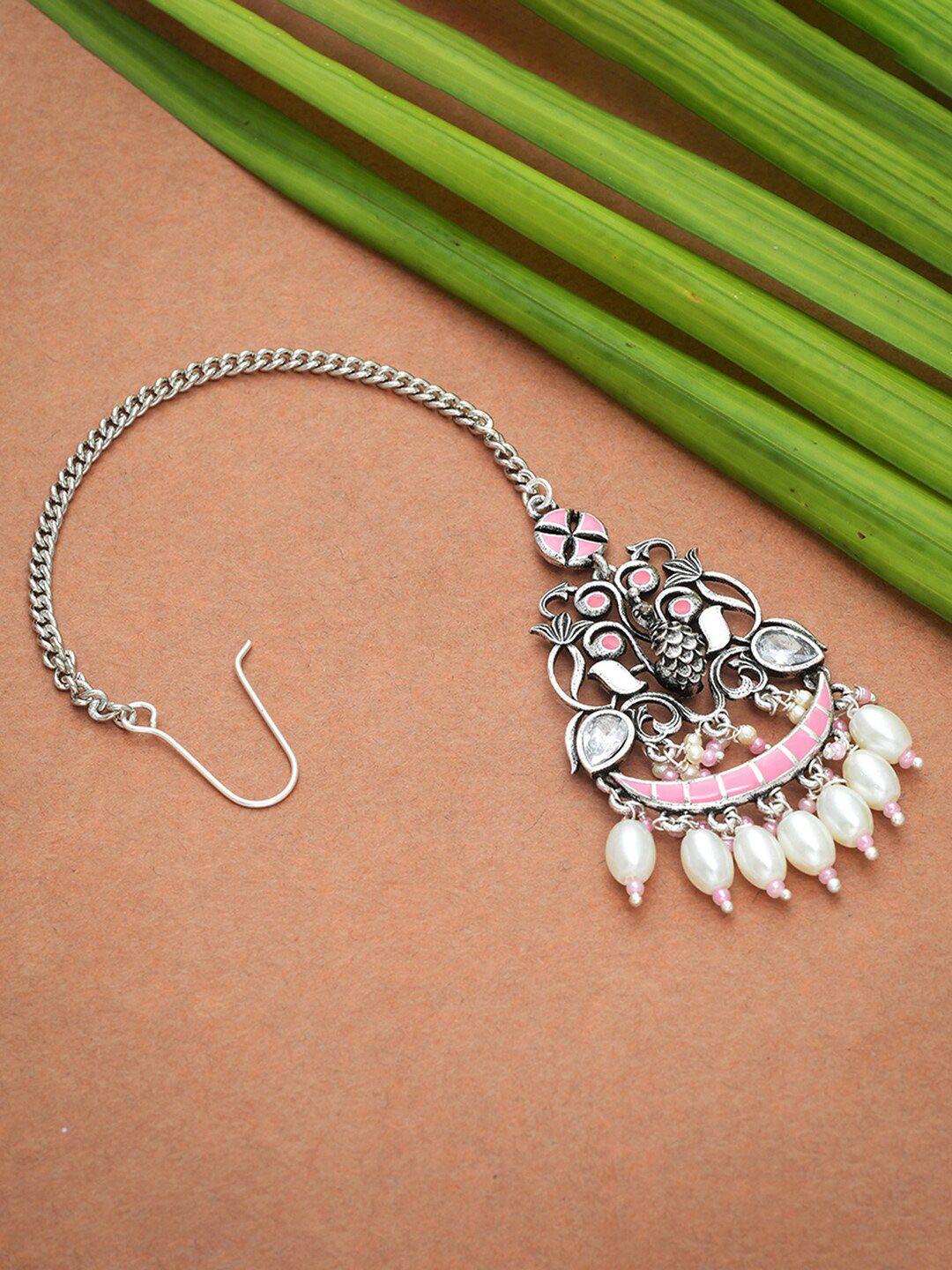 voylla silver-plated pink & white pearl  head jewellery