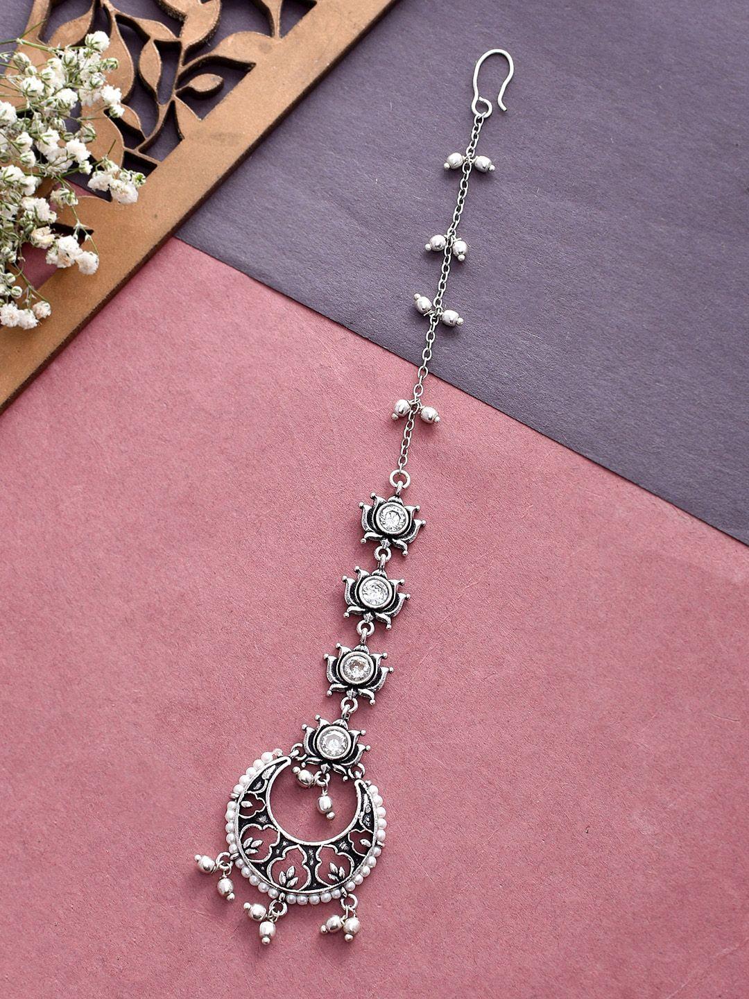 voylla silver-plated stone studded beaded oxidised mangtikka