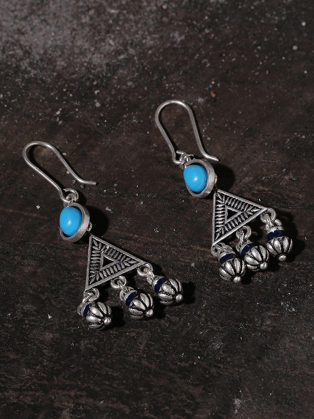 voylla silver-toned & blue triangular oxidised drop earrings