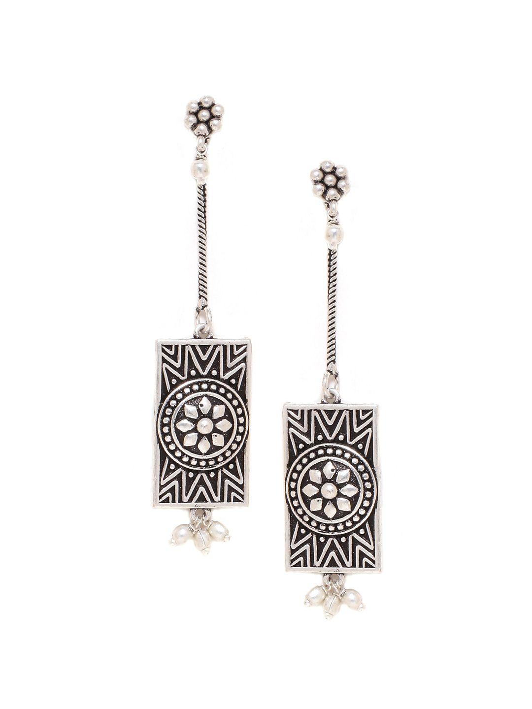 voylla silver-toned geometric oxidised drop earrings