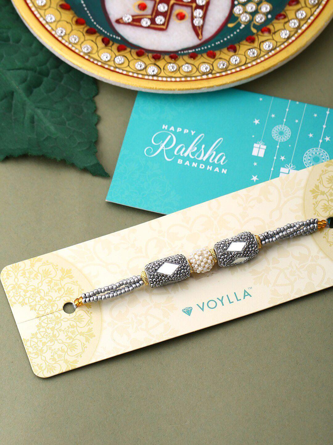 voylla unisex blue silver beaded and pearls rakhi