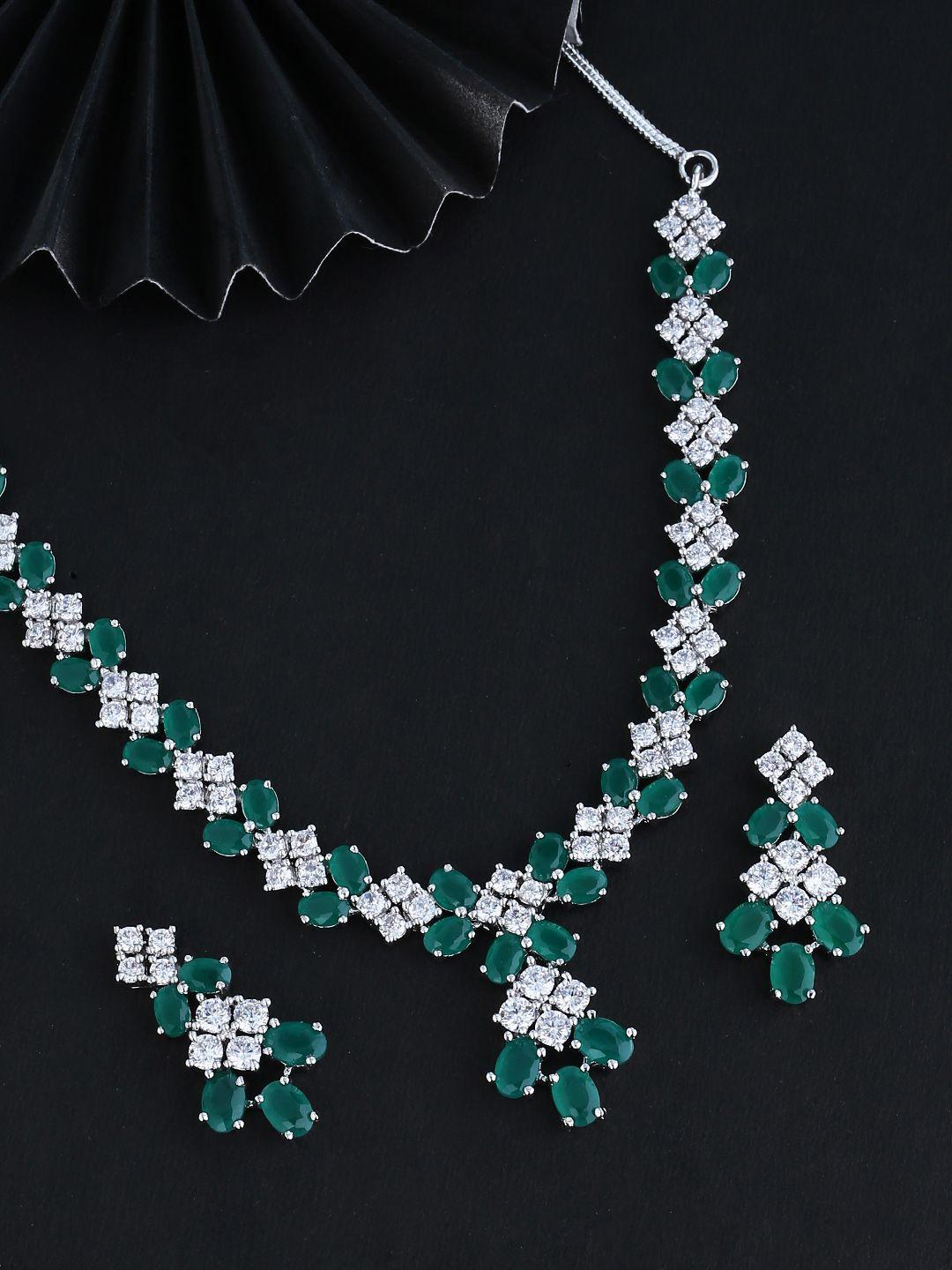 voylla white & green silver-plated cz -studded handcrafted jewellery set