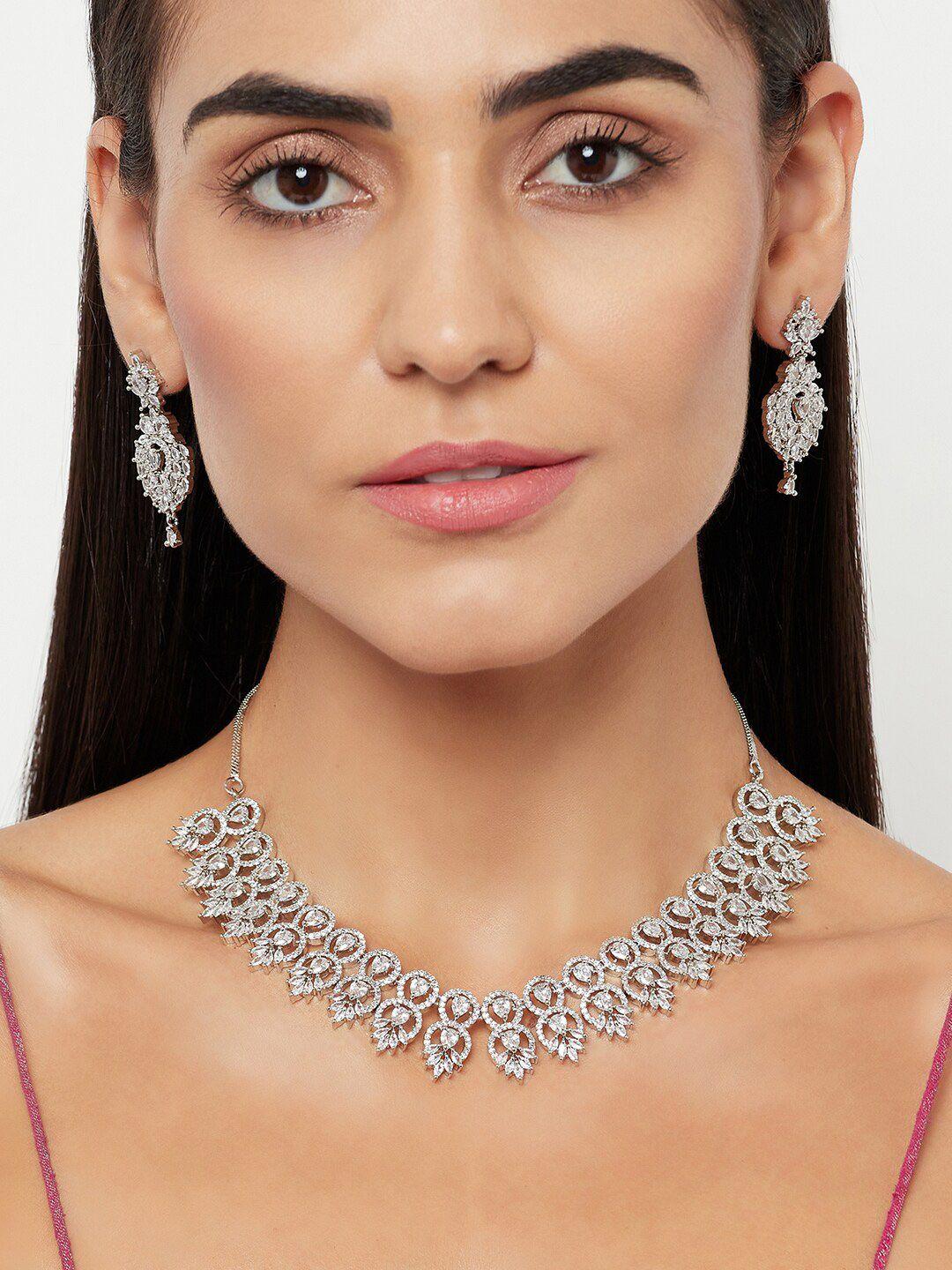 voylla women  rhodium-plated silver toned & white american diamond studded jewellery set