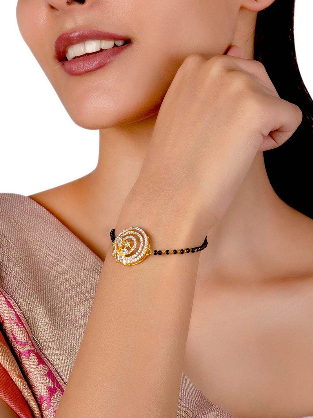 voylla women black gold-plated american diamond cz beaded mangalsutra bracelet