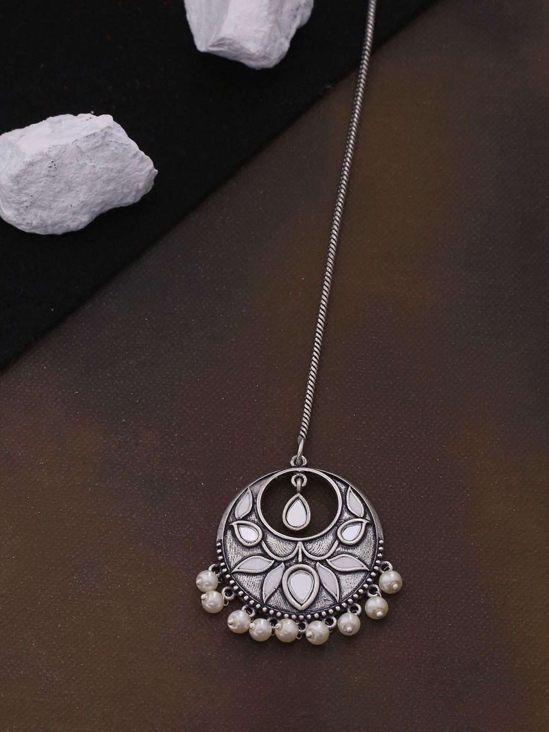 voylla women oxidised silver-plated & white pearl beaded maang tikka
