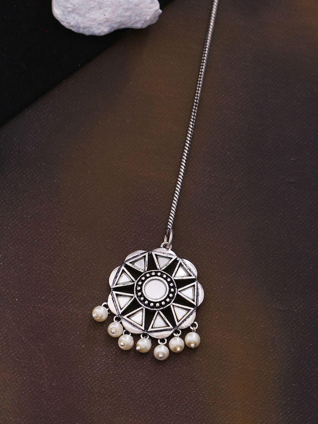 voylla women oxidised silver-plated & white pearl beaded maang tikka
