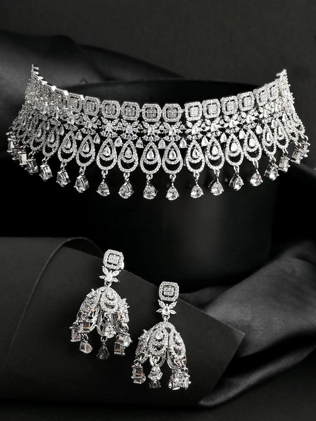 voylla women rhodium-plated silver-toned white stone-studded jewellery set