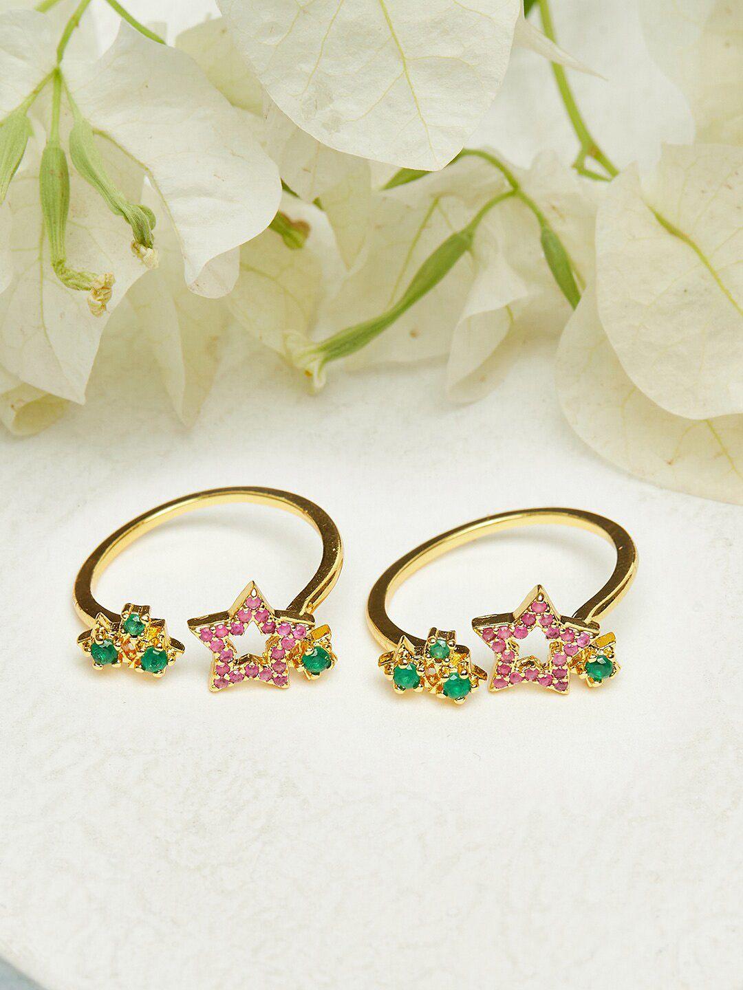 voylla women set of 2 gold-plated pink & green stone studded toe ring