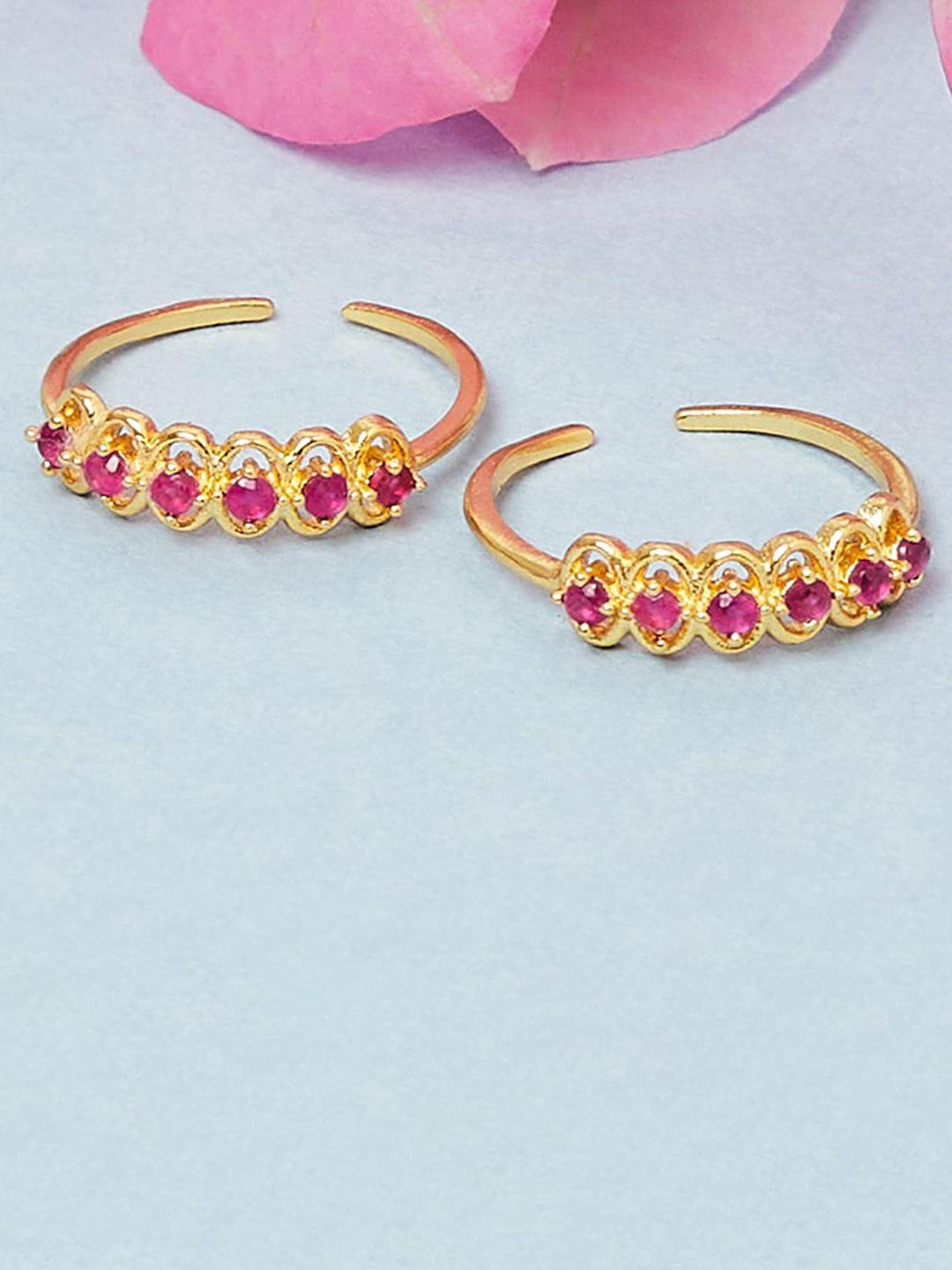 voylla women set of 2 gold-plated pink stone studded toe rings