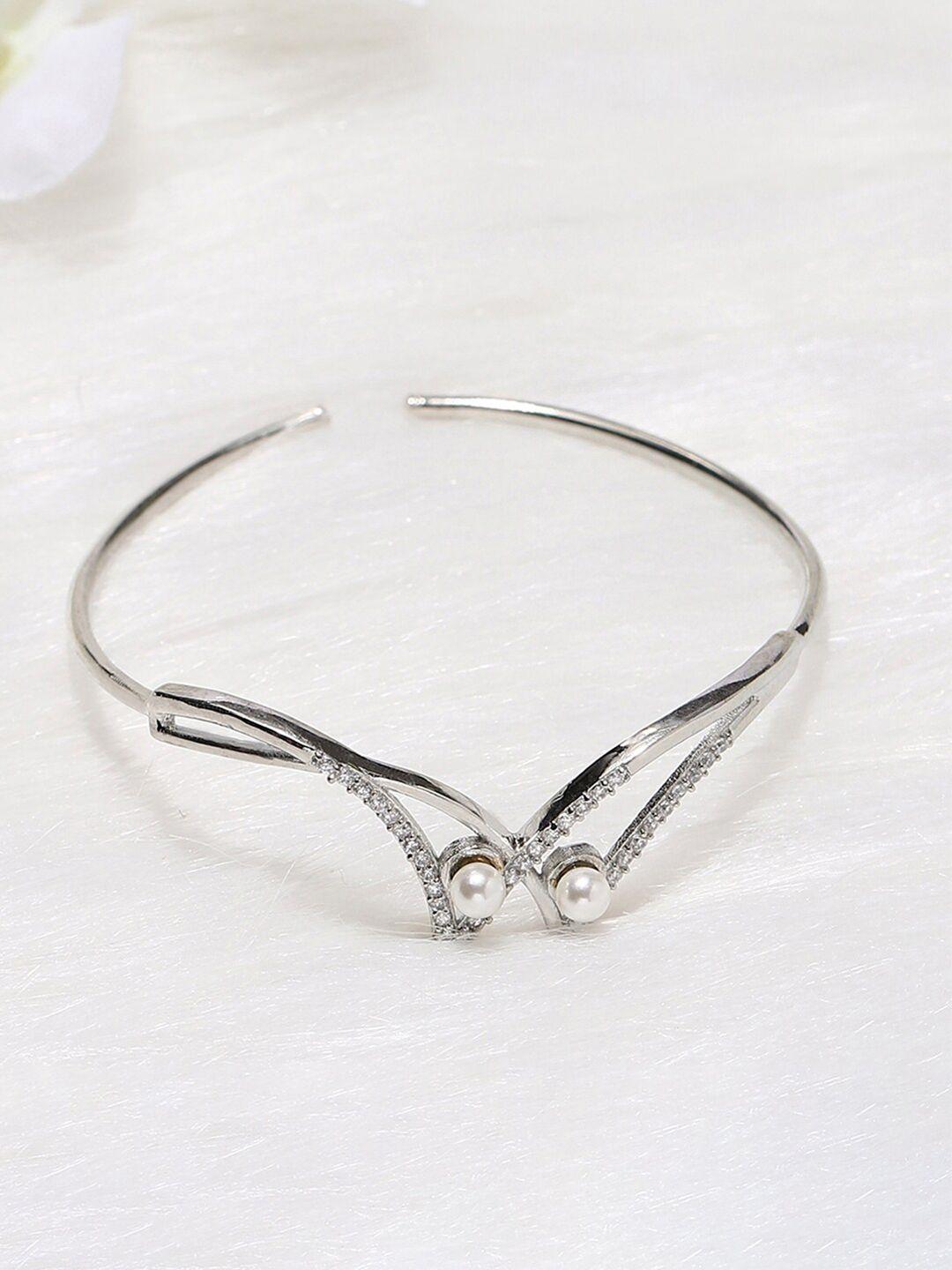 voylla women silver rhodium-plated american diamond cz pearl bracelet