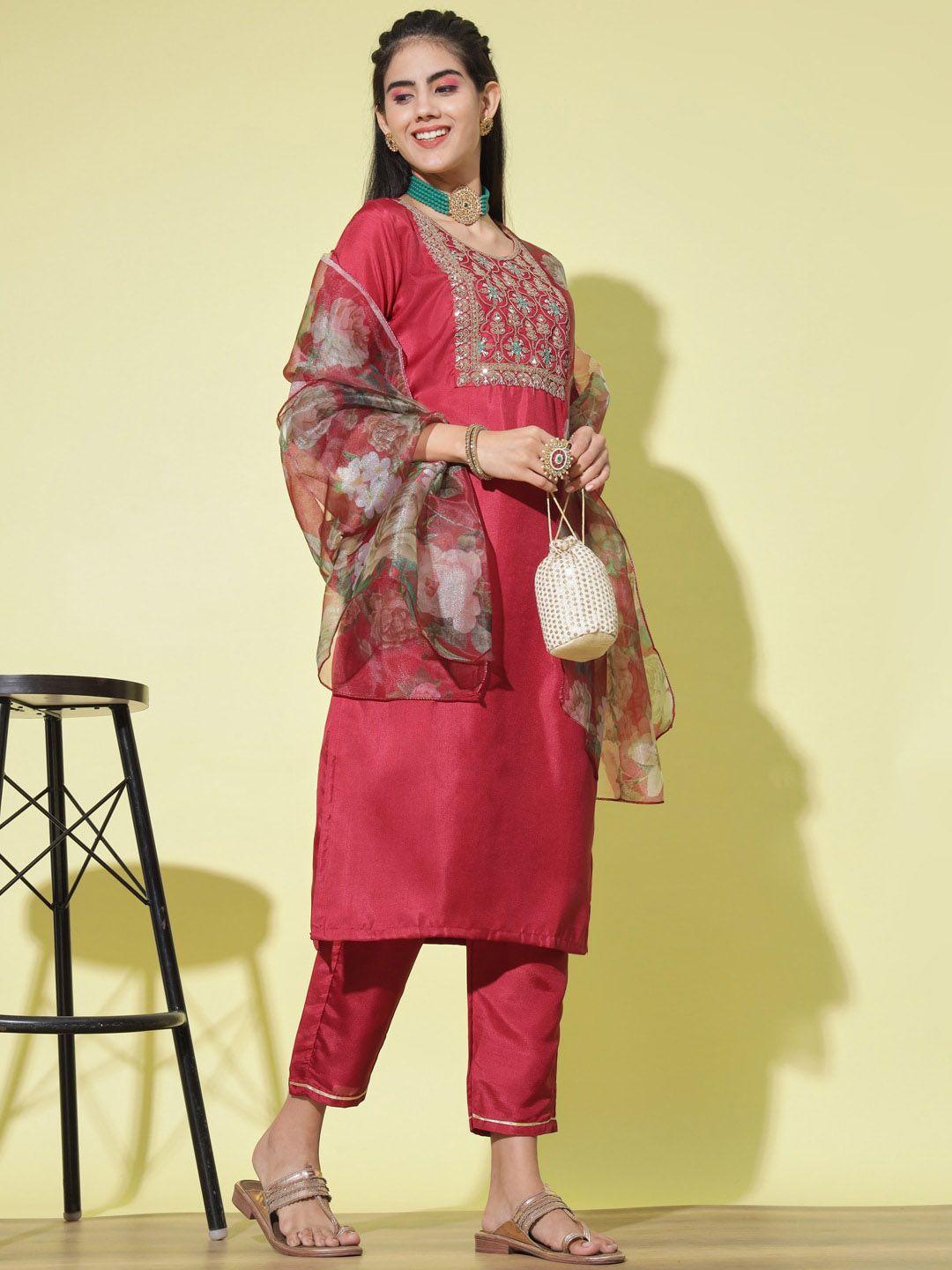 vredevogel floral embroidered round neck straight kurta with trousers & dupatta