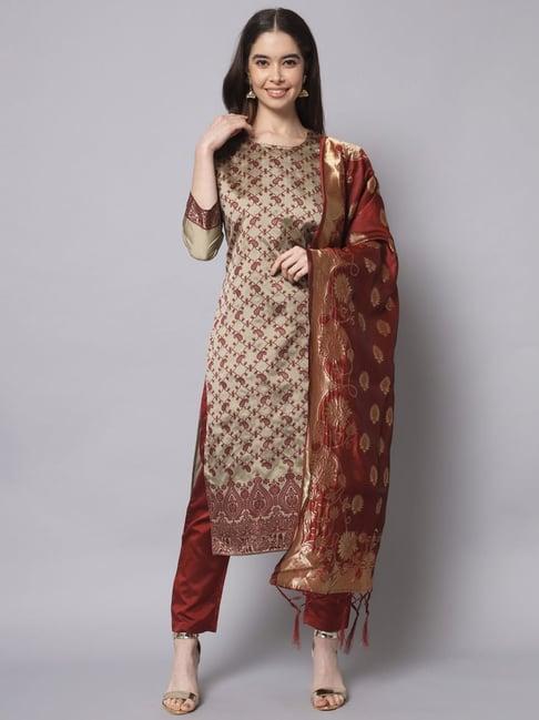 vredevogel beige & maroon embroidered kurta pant set with dupatta