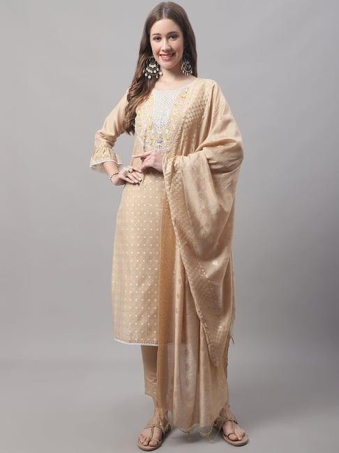 vredevogel beige embroidered kurta pant set with dupatta