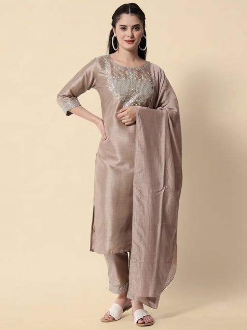 vredevogel beige embroidered kurta pant set with dupatta