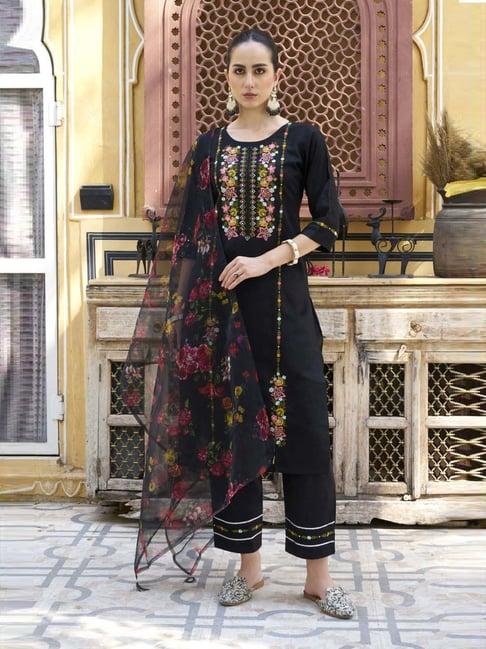 vredevogel black embroidered kurta & pant set with dupatta