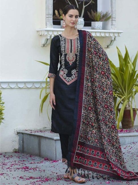 vredevogel black embroidered kurta & pant set with dupatta