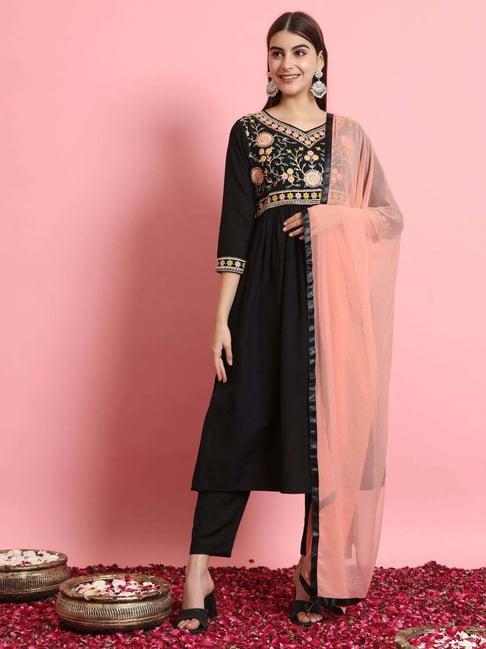 vredevogel black embroidered kurta pant set with dupatta