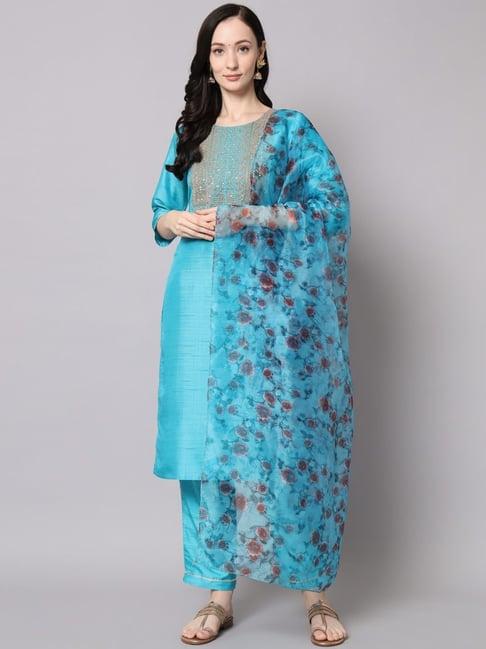 vredevogel blue embroidered kurta pant set with dupatta