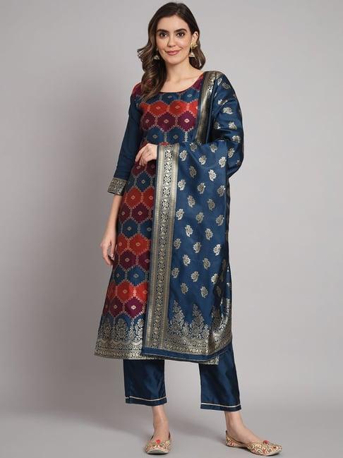 vredevogel blue woven pattern kurta pant set with dupatta