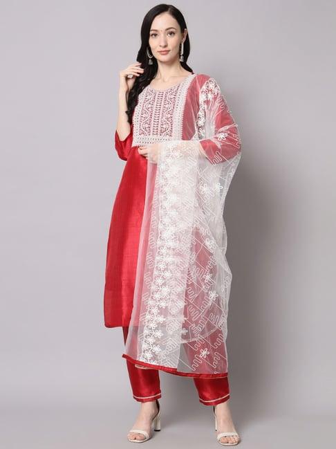 vredevogel cherry red embroidered kurta pant set with dupatta