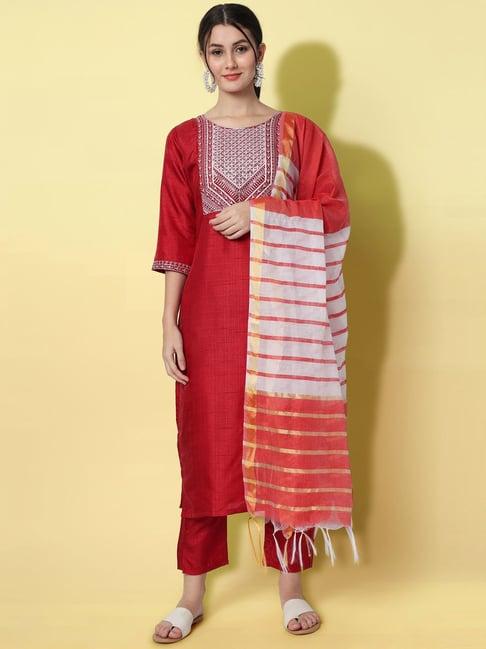 vredevogel cherry red embroidered kurta pant set with dupatta